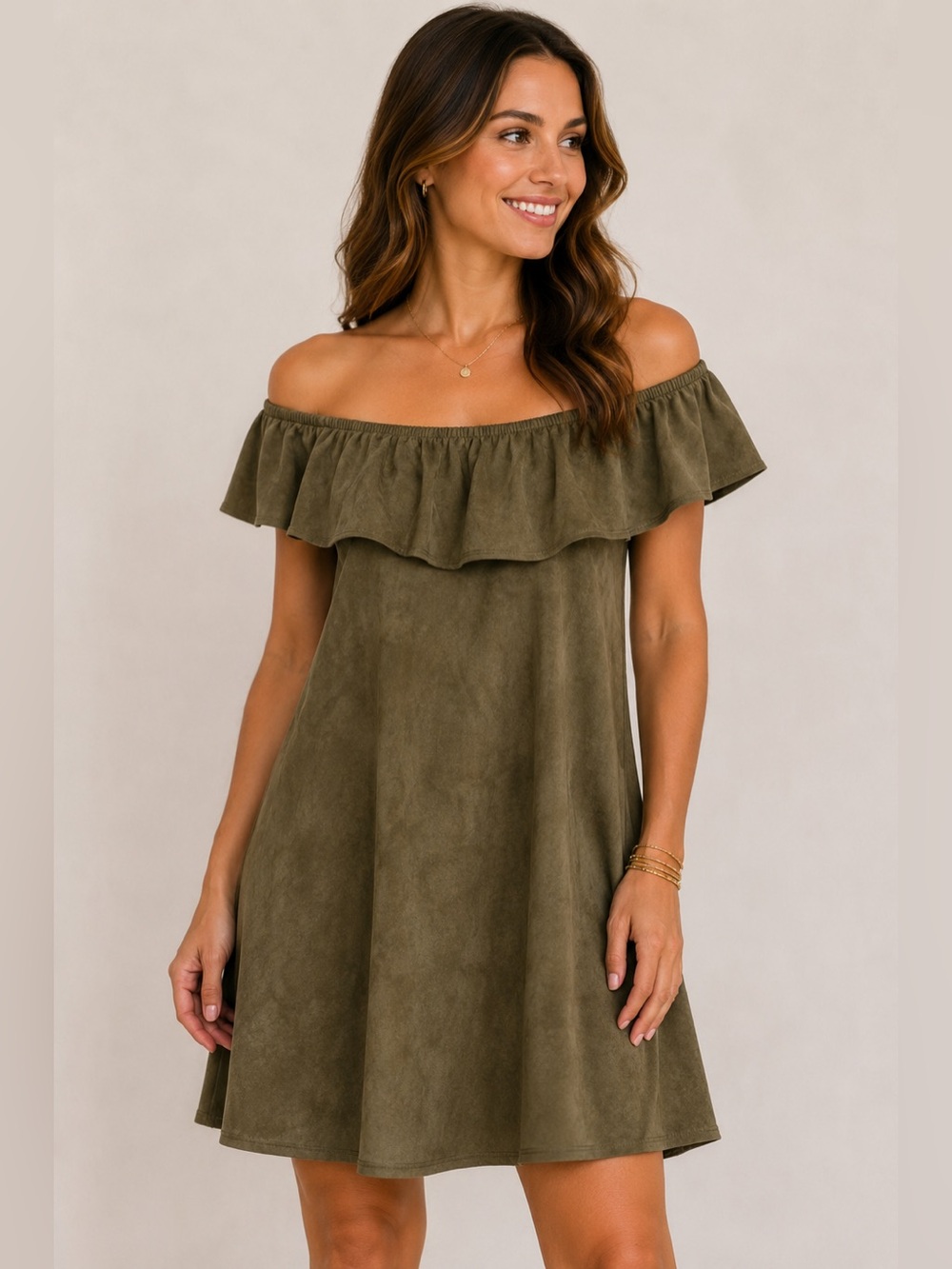 The Impeccable Pig Olive Green Faux Suede Off-the-Shoulder Dress Size S